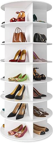 7 Tier Rotating Shoe Rack Tower, Spinning Shoe Display Lazy Susan, Revolving 360 Shoe Rack Storage Round Carousel, Vertical Handbag Rotate Shoes Closet Organization (White)