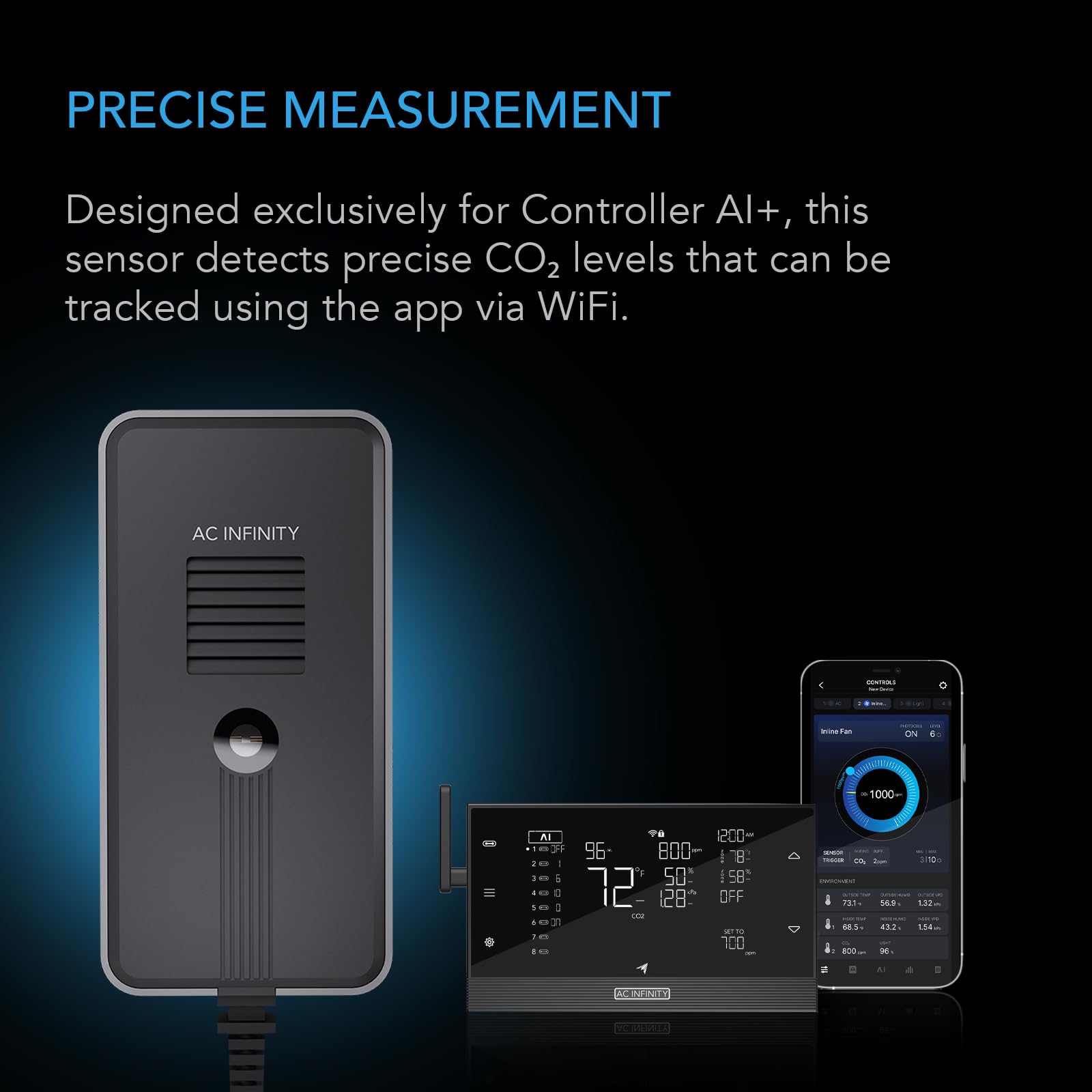 AC Infinity Sensor de CO2 + luz, sensor ambiental, ayuda dinámicamente al controlador AI+ seguimiento de datos de CO2 para jardines, tiendas de campaña, espacios de cultivo, con ventilador inteligente
