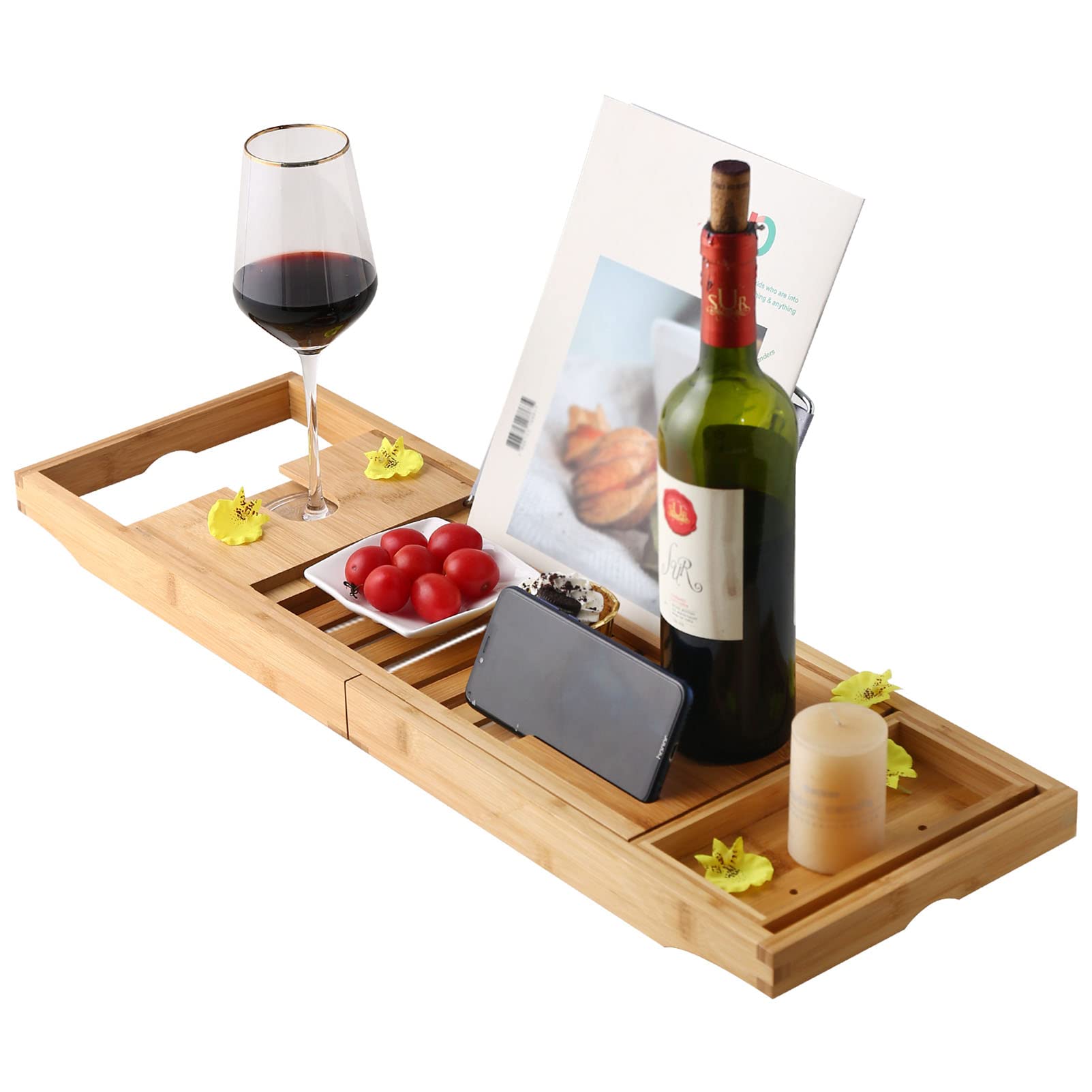 MYUYEE Bathtub Tray Bamboo Bathtub Caddy Shower Over Tub Tray Organizer With Extendable Sides, Cellphone Tray Integrated Wineglass Holder