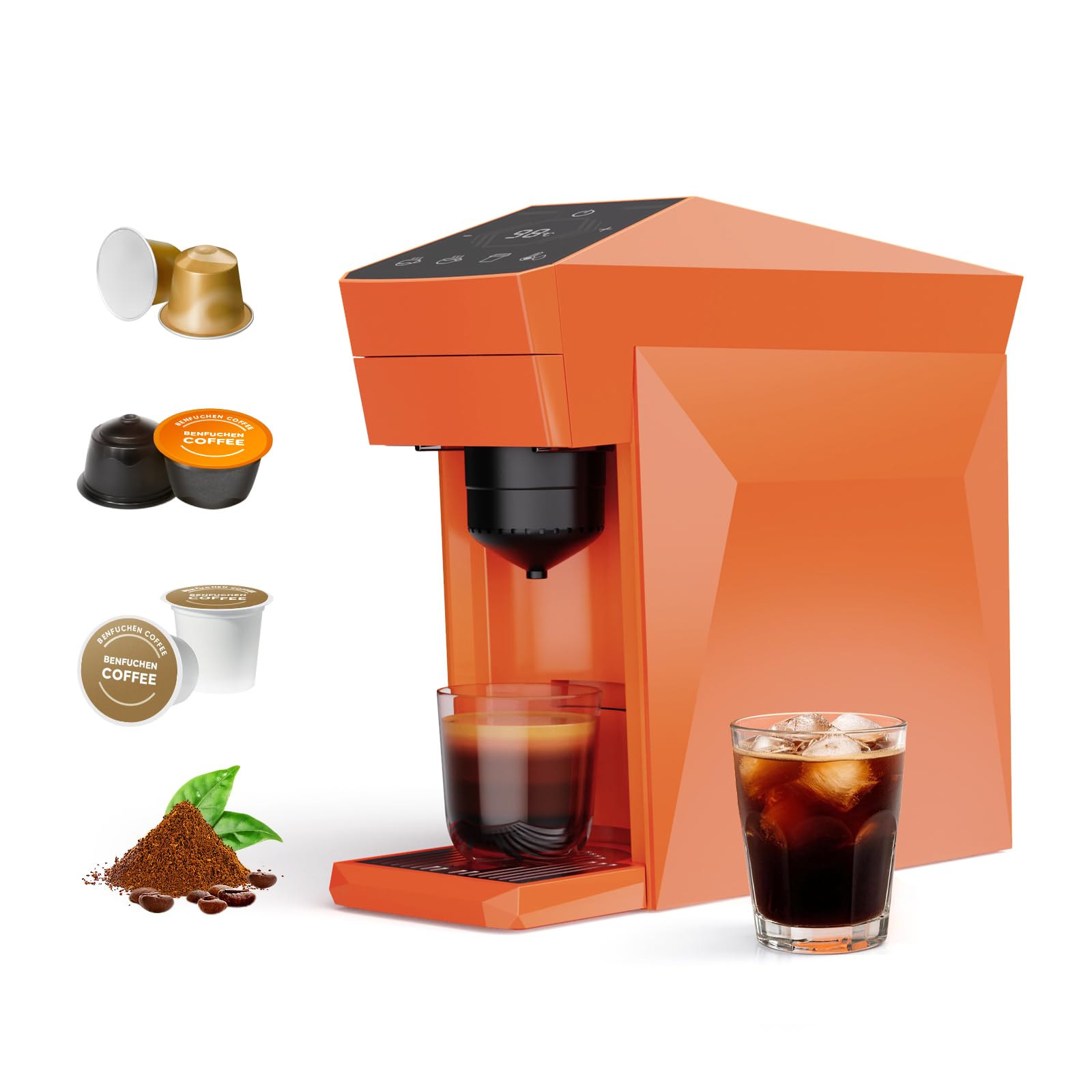 4 in 1 Disposable Coffee Machine, Espresso Machine 19 Bar für K-Cup Kapseln/Ne-spresso OriginalLine/Do-lce Gusto/Gemahlenen Kaffee, 800ml Kapazität, Vibrant Orange