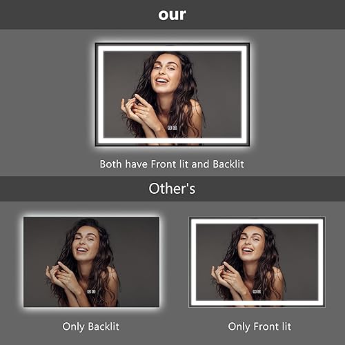 Miniatura 8 de ROOMTEC Espejo de baño negro de 36 x 30 pulgadas, espejo de tocador de baño con marco de aluminio para pared, frontal y retroiluminado, antivaho, 3