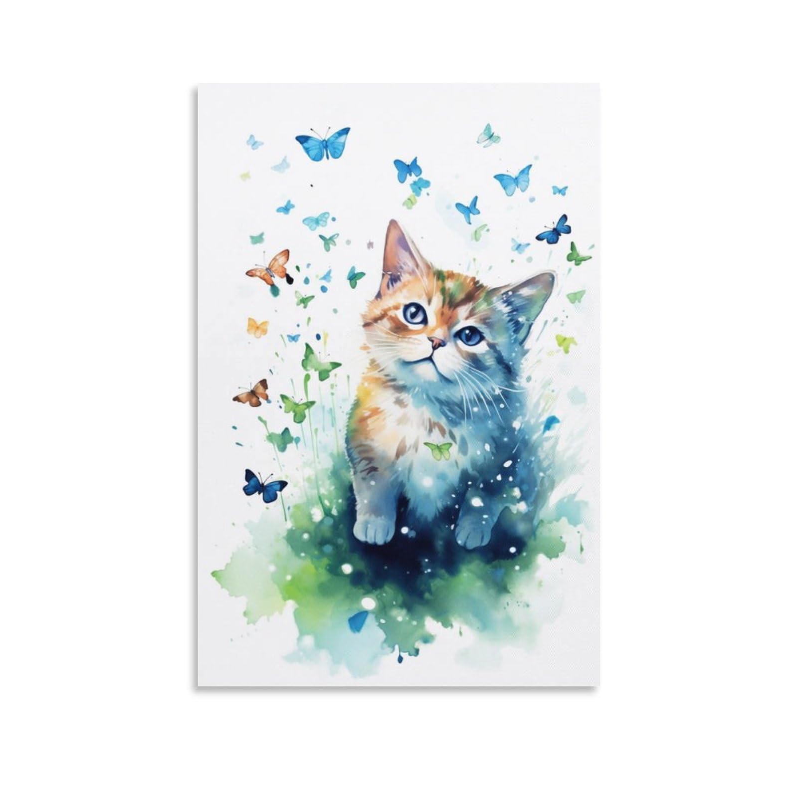 AYAROS Kitten And Butterfly Canvas Wall Art for Bedroom Watercolor Beautiful Cute Cat Wall Decor Poster for Room Aesthetic Unframed 08x12 inch