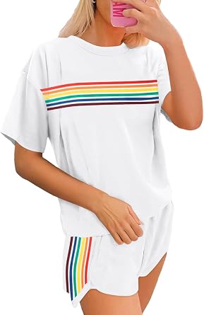 MYHALF Pride Outfits for Women Rainbow Striped 2-Piece Sets Short Sleeve Shirts and Shorts Summer Vacation Lounge Set