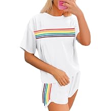 MYHALF Pride Outfits for Women Rainbow Striped 2-Piece Sets Short Sleeve Shirts and Shorts Summer Vacation Lounge Set