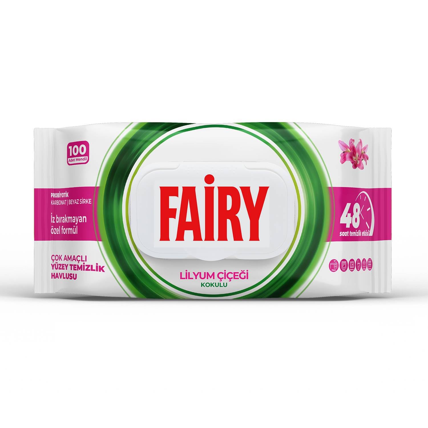 Fairy Çok Amaçlı Yüzey Temizlik Havlusu 100 Yaprak | Lilyum Çiçeği | Beyaz Sirke & Karbonat | 48 Saat Temizlik Etkili | İz Bırakmayan Formül