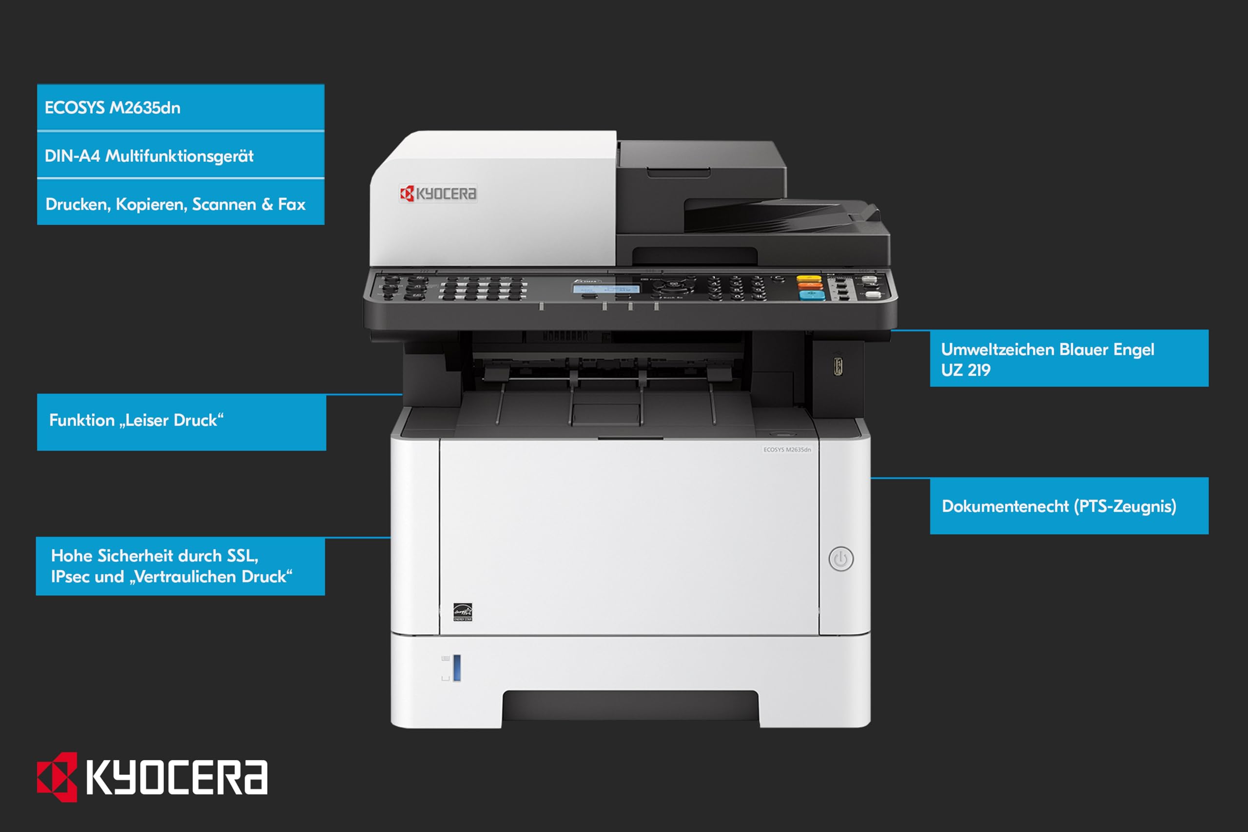 Kyocera Ecosys M2635dn Multifunktionsdrucker Schwarz Weiss. 35 Seiten pro Minute. Drucker Scanner Kopierer und Fax. Laserdrucker Multifunktionsgerät Inkl. Mobile-Print-Funktion