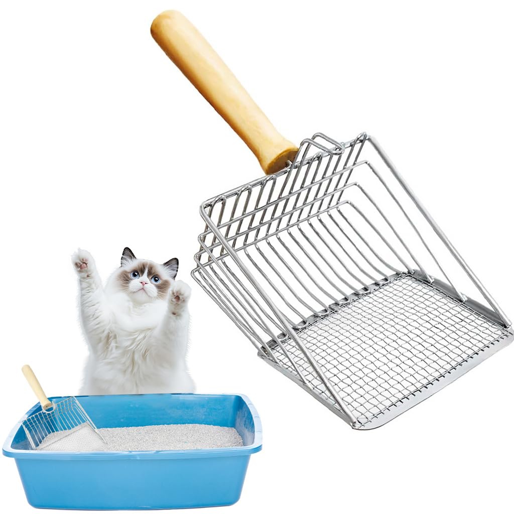 Qpets Cat Litter Scoop, Metal Cat Litter Scooper Wooden Handle Fast Sifter Cat Litter Scoop, Poop Scooper 2 Kinds of Sifter Hole for 3-10mm Clumping Clay Cat Litter