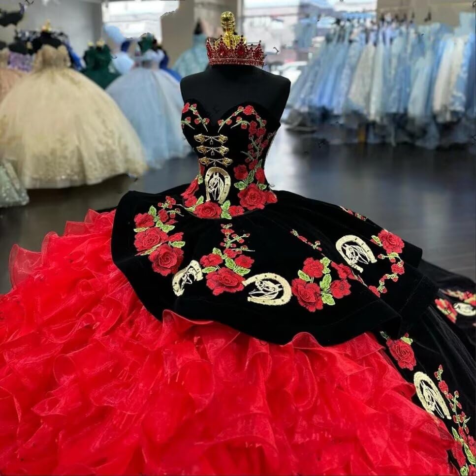 Velvet Organza Ruffles Floral Flowers Appliques Masquerade Ball Gowns Quinceanera Dresses Sweet 15 Girls Off Shoulder 20253