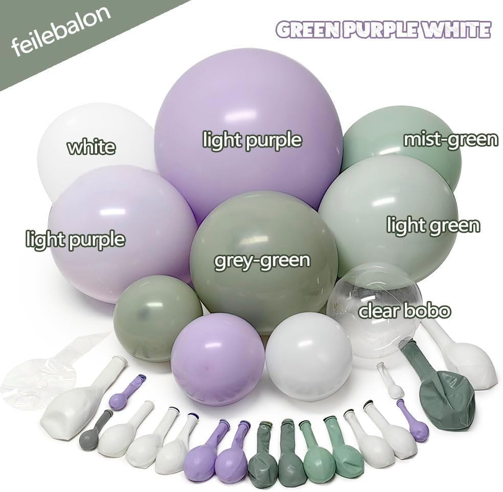 Dusty Green Purple White Balloon Arch Kit Double Stuffed Pastel Purple, Light Sage Green, Lavender Balloon Garland with Clear Bobo for Birthday Baby Shower Wedding Flower Party Decoration