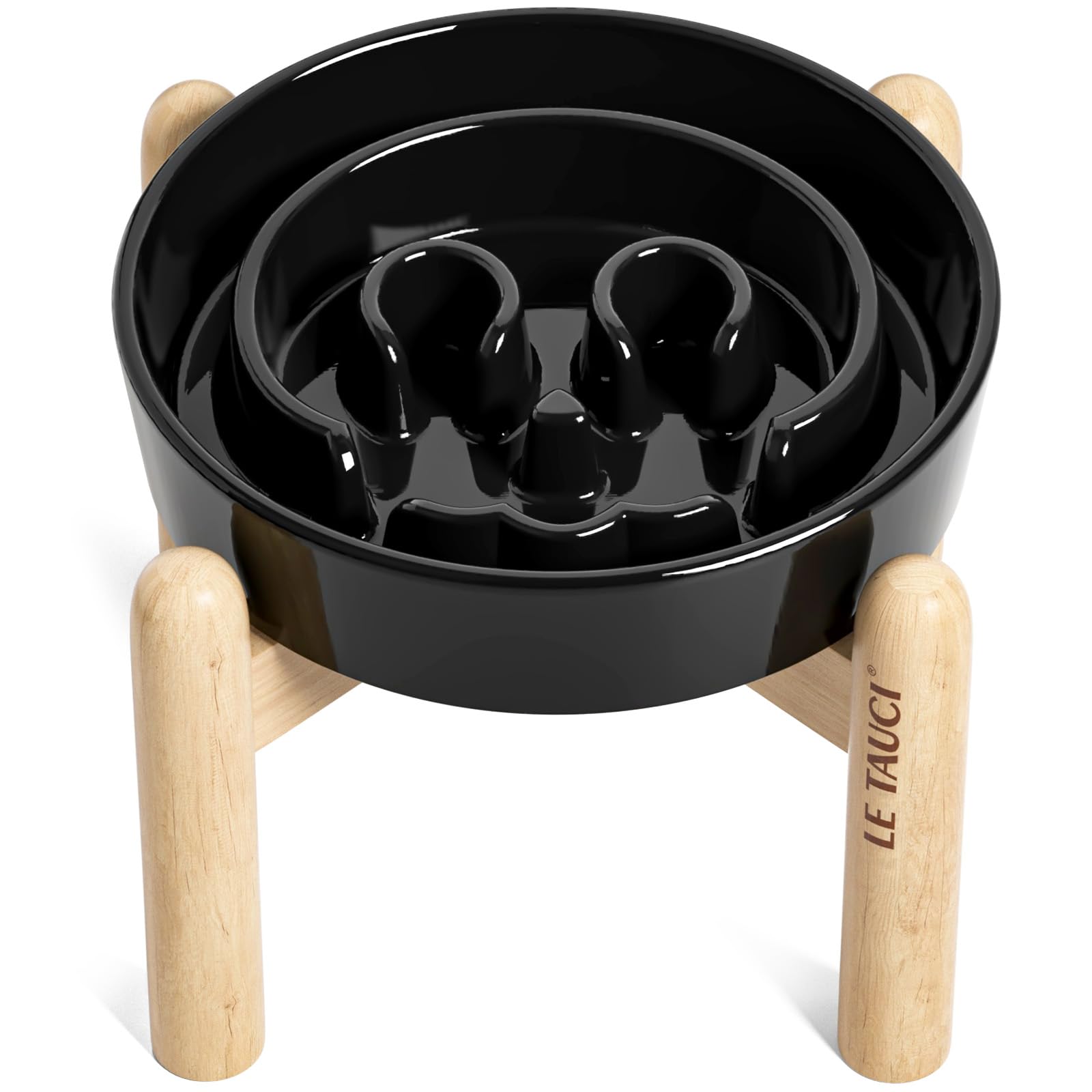 LE TAUCI Ceramic Slow Feeder Dog Bowls Elevated for Small Breed, Dog Bowls with Wooden Stand, 0.6 Cups Dog Dishes to Slow Down Eating, Anti-Gulping Pet Feeding Dishes,Skull Black