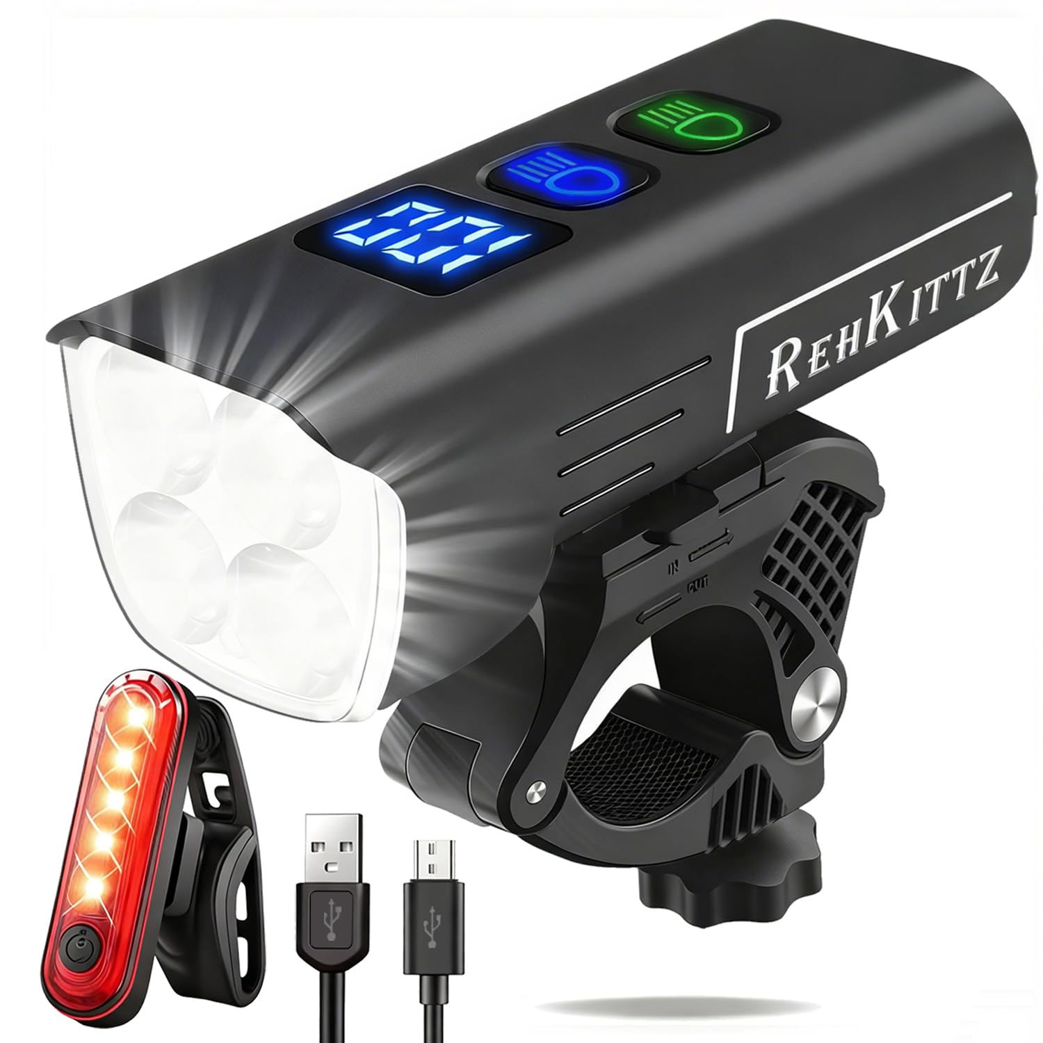 REHKITTZ Super Bright Bike Lights Set, 3300 Lumens, 13 Lighting Modes LED Bicycle Light with High-Capacity 5000mAh Rechargeable Battery, Dual-Beam Front Light, Sturdy Aluminum Alloy, Digital Display