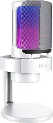 FIFINE Microfone RGB para computador jogos USB transmissão ao vivo, reuniões, podcasts, vídeo, microfone condensador com conector de monitoramento de fone de ouvido,para Mac OS/Windows- A8 branco