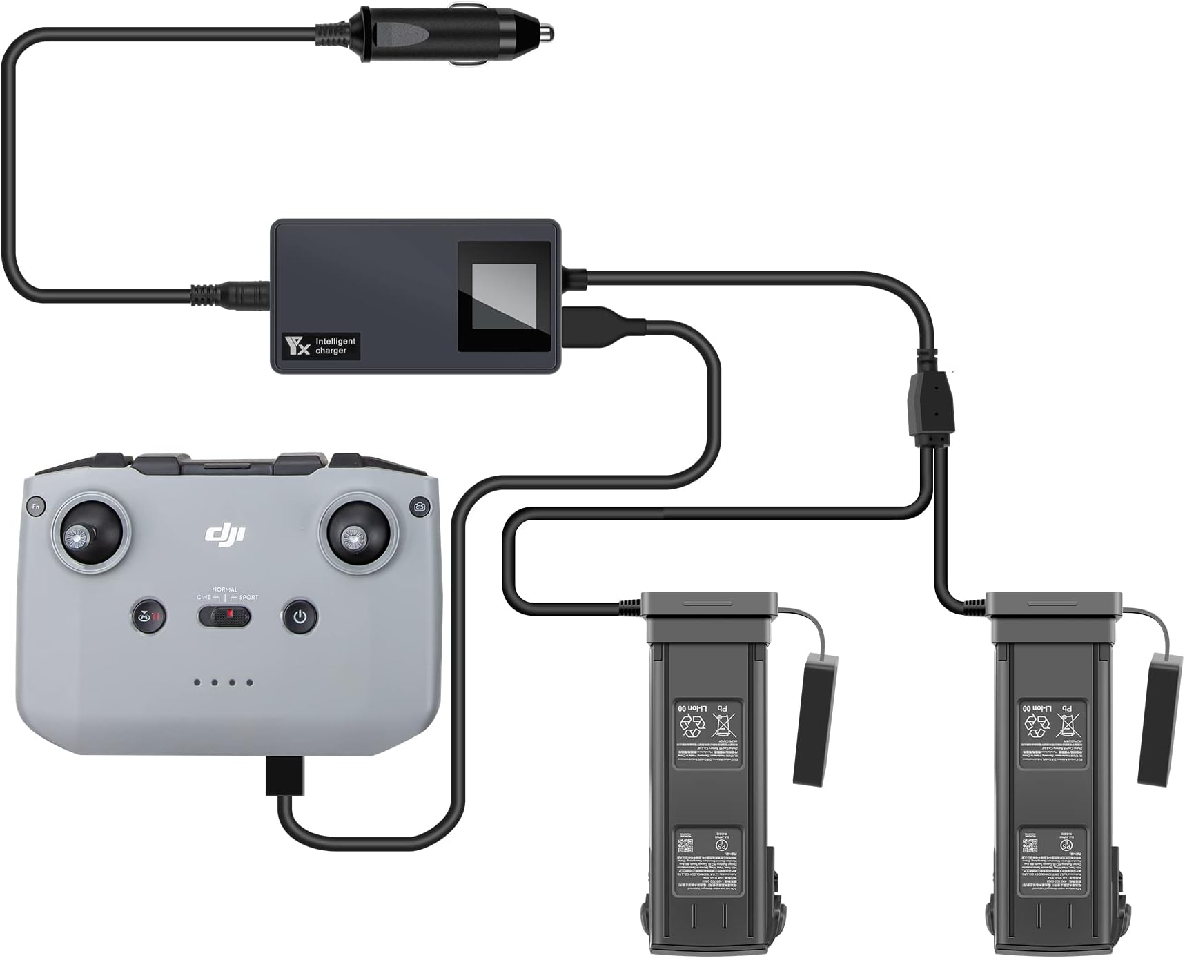 Hanatora LCD Battery Car Charger for DJI Mavic 3/Classic/Pro/Cine/Enterprise Drone, 12V Charge (1xUSB + 2 x Battery) Rapid Charging Hub Accessories