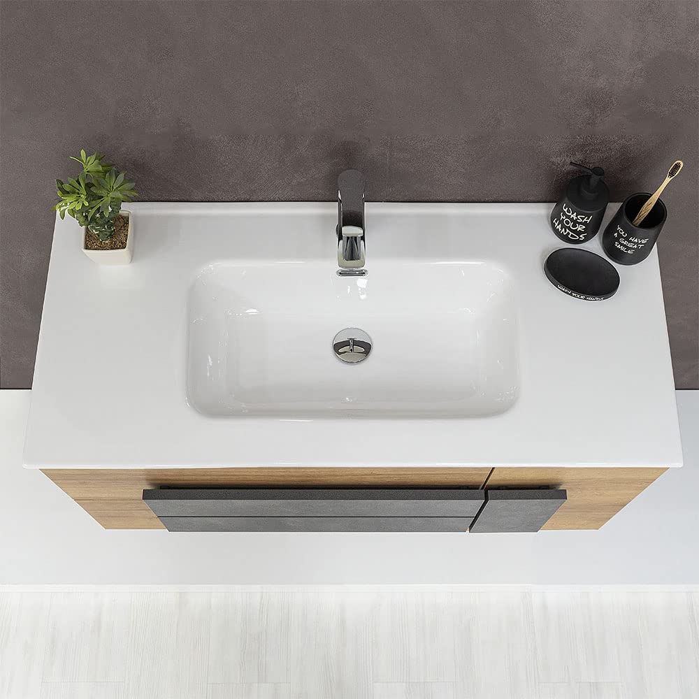Lavabo consolle da Incasso su Mobile, Rettangolare in Ceramica Bianco Lucido, con Foro troppopieno