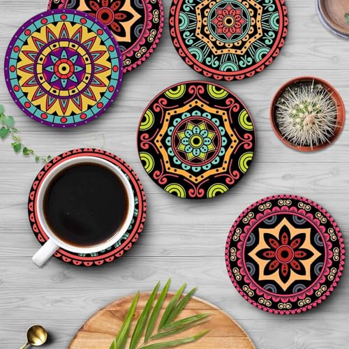 Image of Coaster for Drinks Set of 6, Mandala Flower Floral Retro Absorbent Round Wood Stone Mat, with Cork Base and Metal Holder, Gift for Housewarming Room Bar Decor