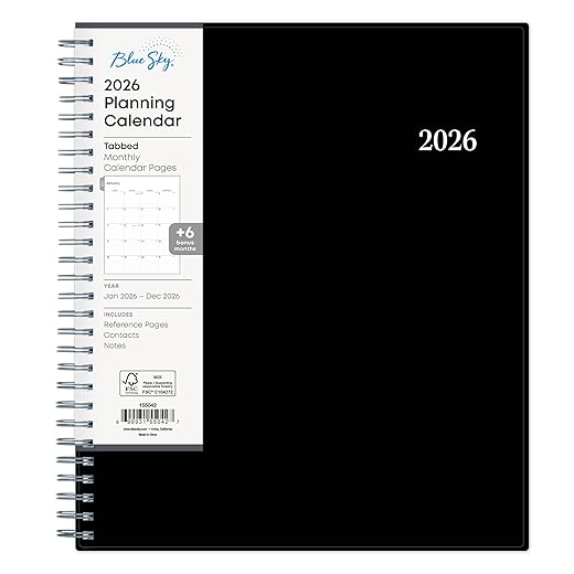 Blue Sky 2026 Monthly Planner Calendar, January 2026 - December 2026, 8" x 10", Monthly Layout, Flexible Cover, Silver Wirebound, Laminated Tabs, Enterprise