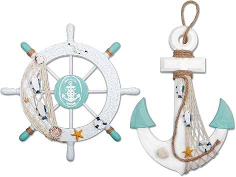 Meching 2 Pack 11" Nautical Beach Wooden Ship Wheel and 13" Wood Anchor with Rope Nautical Boat Steering Wheel Rudder Anchor Wall Decor Door Hanging Ornament Beach Theme Home DecorationWhite&Green