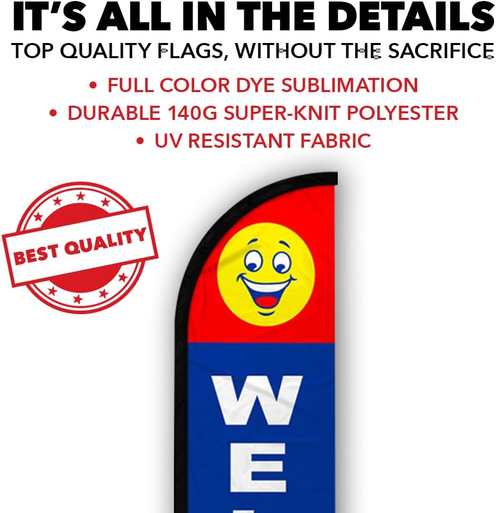 Infinity Republic - Welcome (Happy Face) Windless Full Sleeve Banner Swooper Flag - Perfect for Restaurants, Businesses, Dealerships, Events, etc!