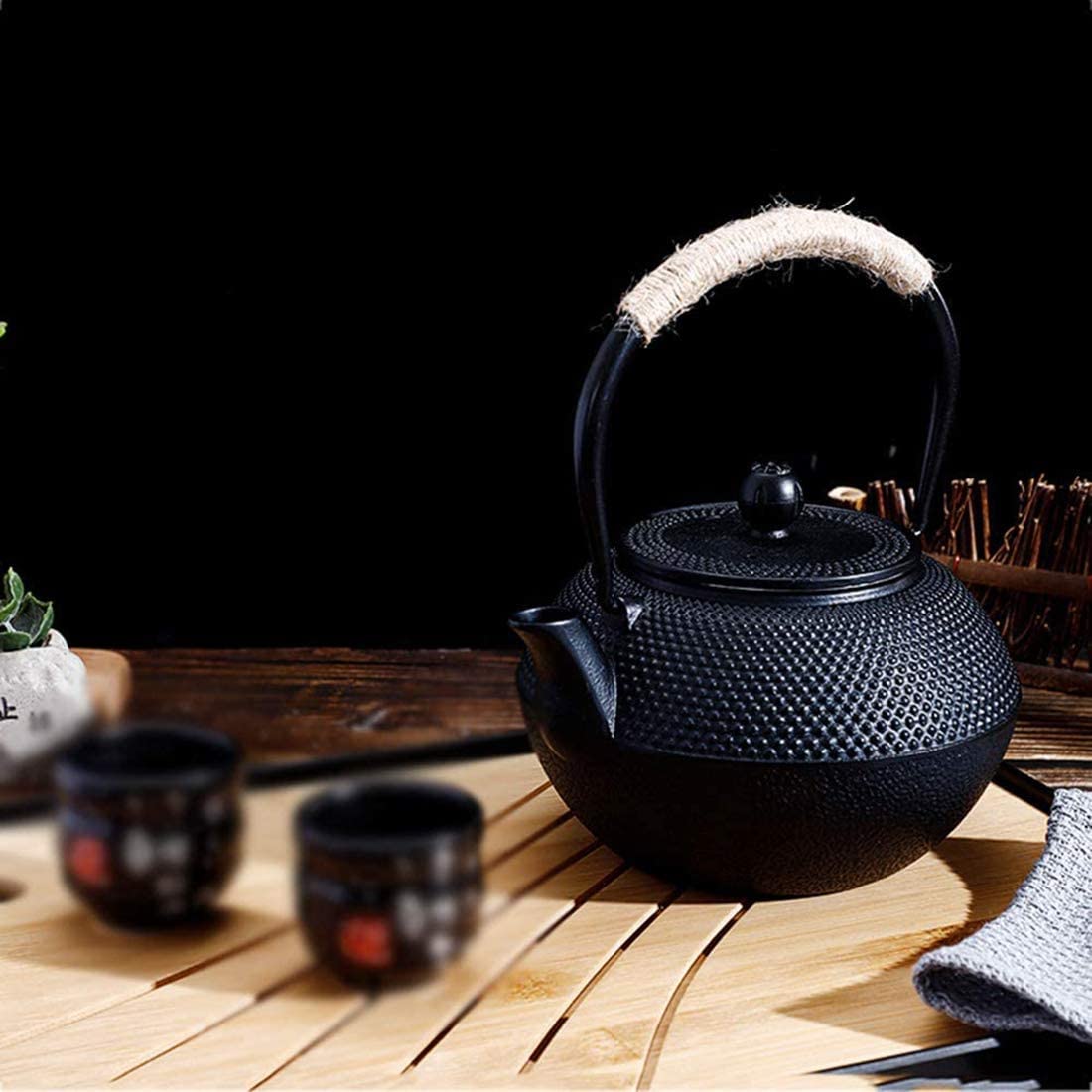 Tetera Juego de colador de infusor de Tetera de Hierro Fundido para Tetera, Color Negro con Filtro de Acero Inoxidable, 1,2 l Tetera Hierro Fundido