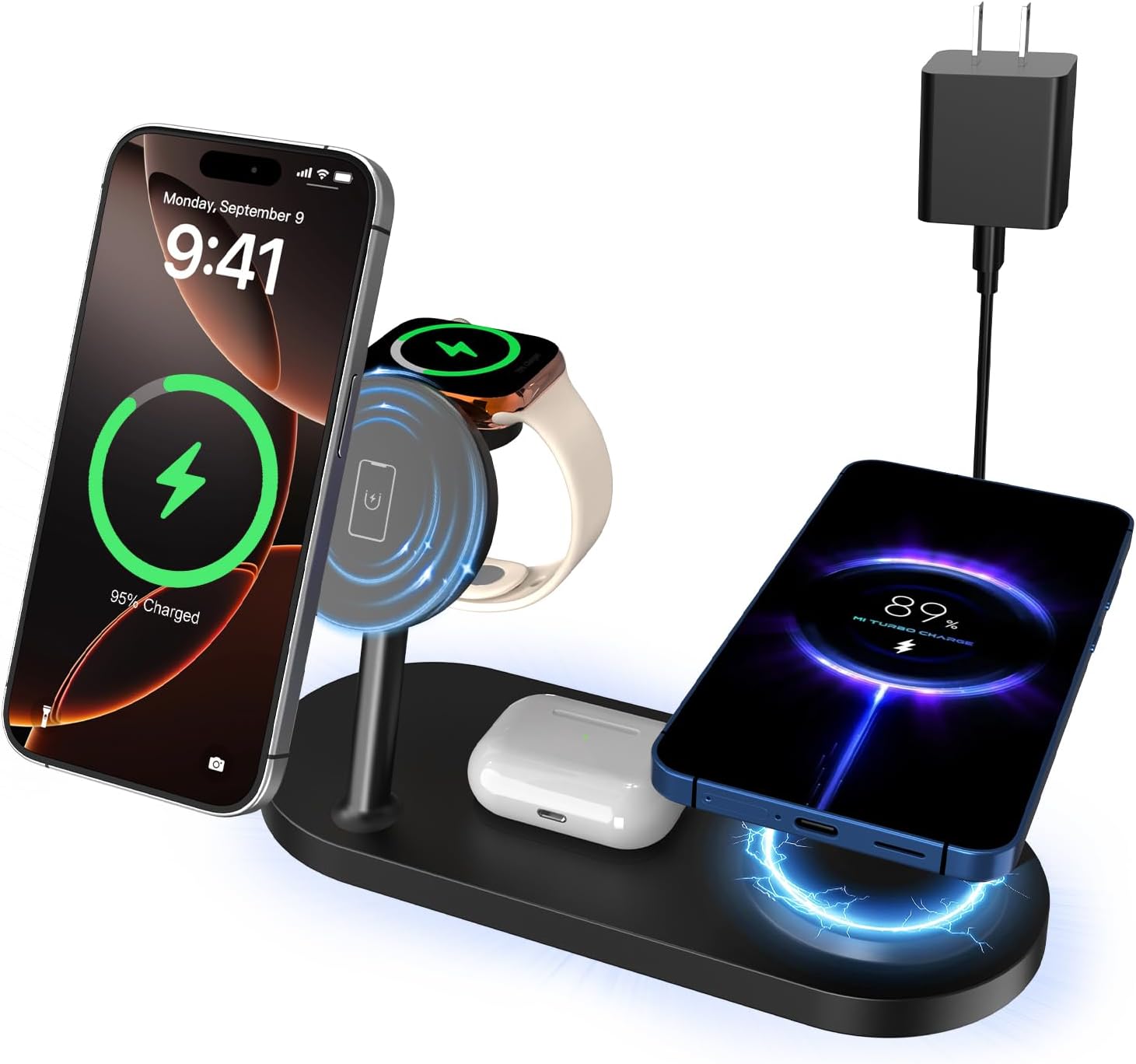Dual Phone Wireless Charger, 30W Magnetic 4 in 1 Charging Station for Apple Devices, Charging Stand for iPhone 17/16/15/14/13/12 Series, Support for Apple Watch11/10 for AirPods4