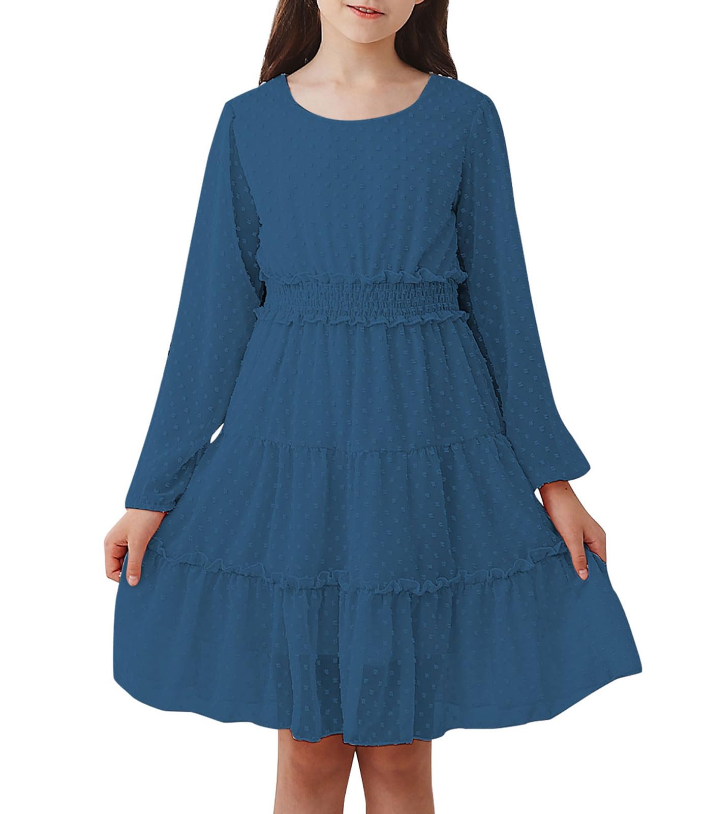 Kids4ever Girls Dress Long Sleeve Round Neck Girls' Solid Casual Dresses 6-13T