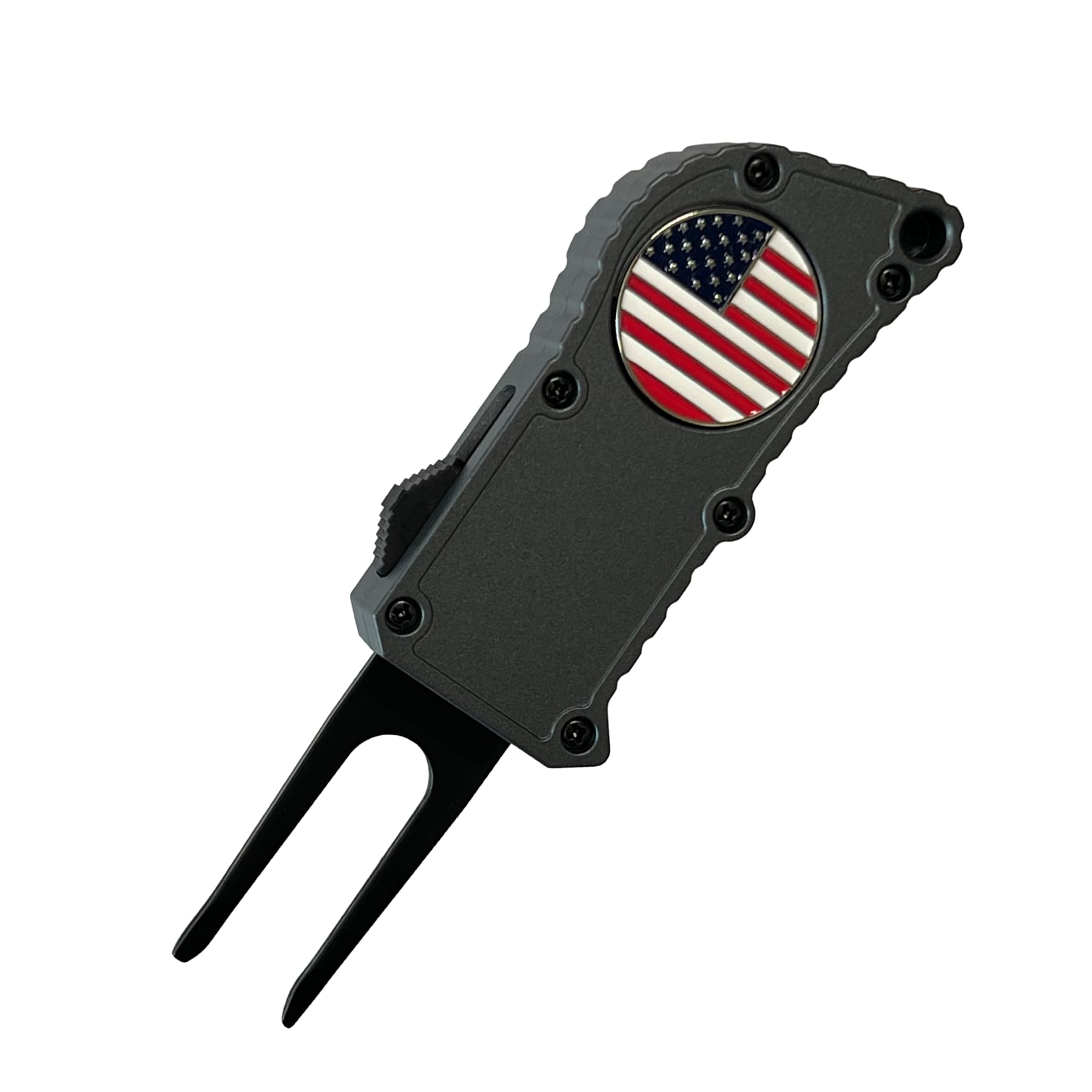 Tracer Fixit Golf Tool, Automatic OTF (Out The Front) Golf Green Divot Repair Tool, Stainless Steel and Aluminum with 1" USA Flag Ball Marker