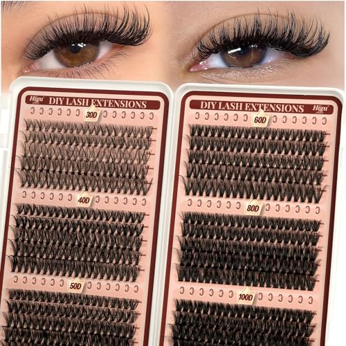 Higu clace Eyelash Clusters 600pcs 30D+40D+50D+60D+80D+100D Lash Clusters 6 Styles Mixed 10-18MM, Wispy Cluster Eyelash Extensions, Easy to Use, Can DIY at Home