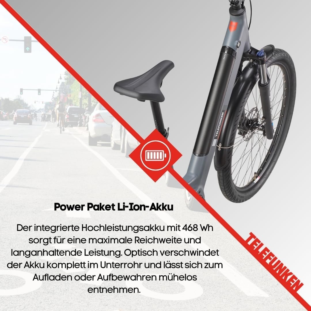 TELEFUNKEN Bicicletta elettrica da donna da 27,5 pollici con motore | Batteria agli ioni di litio da 468 Wh, cambio Shimano a 7 marce, portata 100 km, bicicletta elettrica con freni a disco