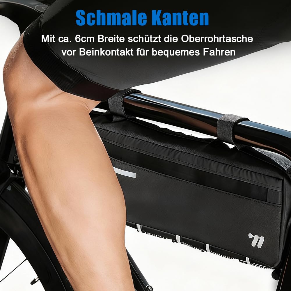 Oberrohr Fahrradtasche - 2,6L Rahmen Fahrradtasche mit Wasserdichtem Reißverschluss, Top Tube Bike Bag, Robuste Fahrradzubehörtasche für MTB Rennrad Gravelbike (Ganz Schwarz)