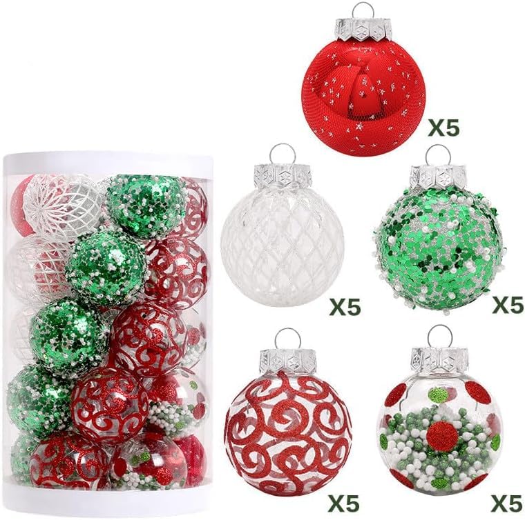 25 Piezas de Joyería de Bolas de Navidad,Juego de Joyas de Bolas de Navidad de 6 cm,Juego de Bolas de Navidad pintadas,Juego de Bolas de Joyas de Navidad (Rojo Verde y Blanco)