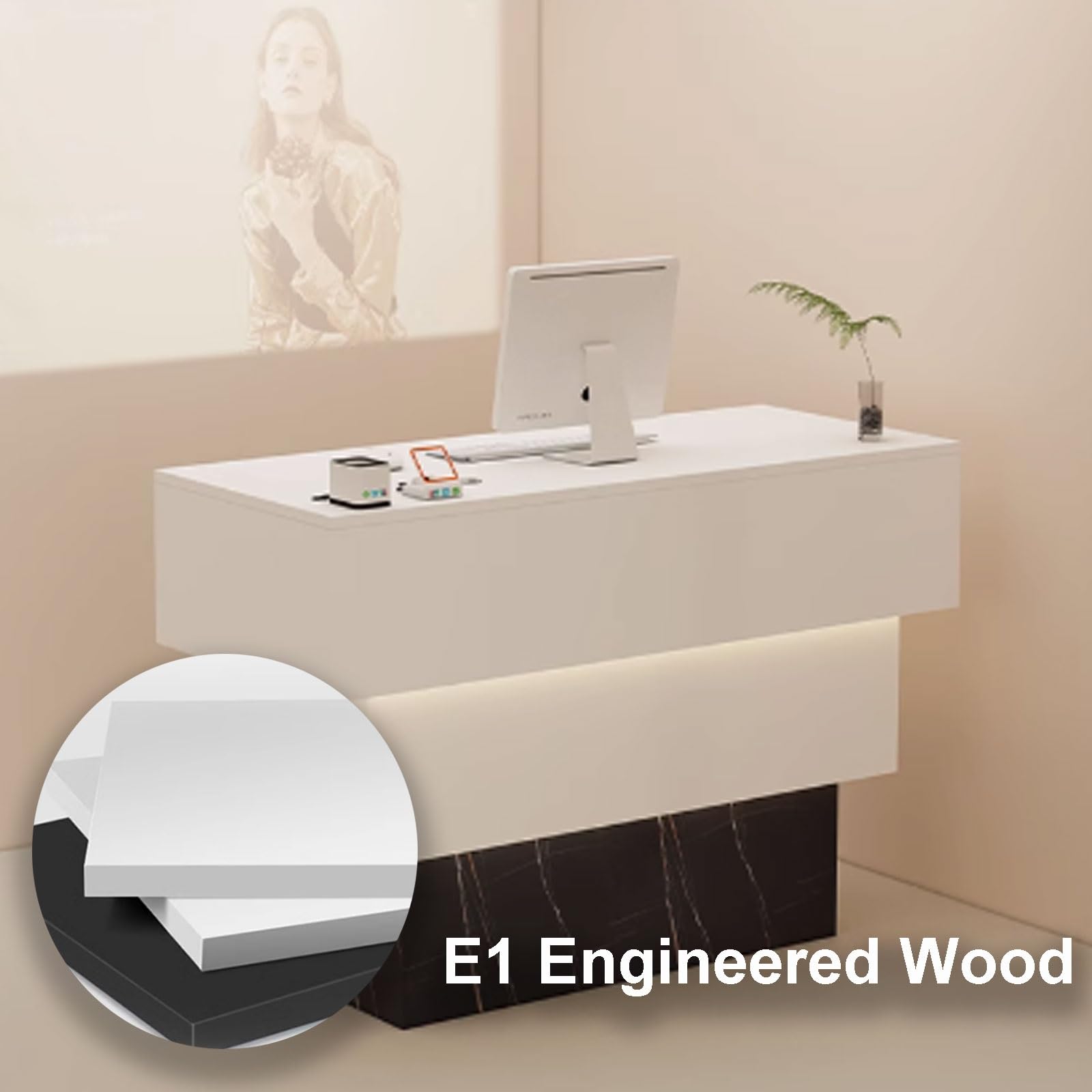 Elegante scrivania per reception con luce ambientale morbida per negozi di abbigliamento e ristoranti, moderno bancone anteriore bianco e nero, 110 x 50 x 90 cm, design elegante e funzionale
