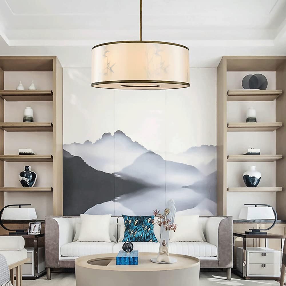 Lampadario in Tessuto con Design a Paralume a S in Stile Cinese - Lampada a Sospensione in Metallo Regolabile in Altezza, Lampadina E144, Perfetta per illuminare ingressi e Scale.