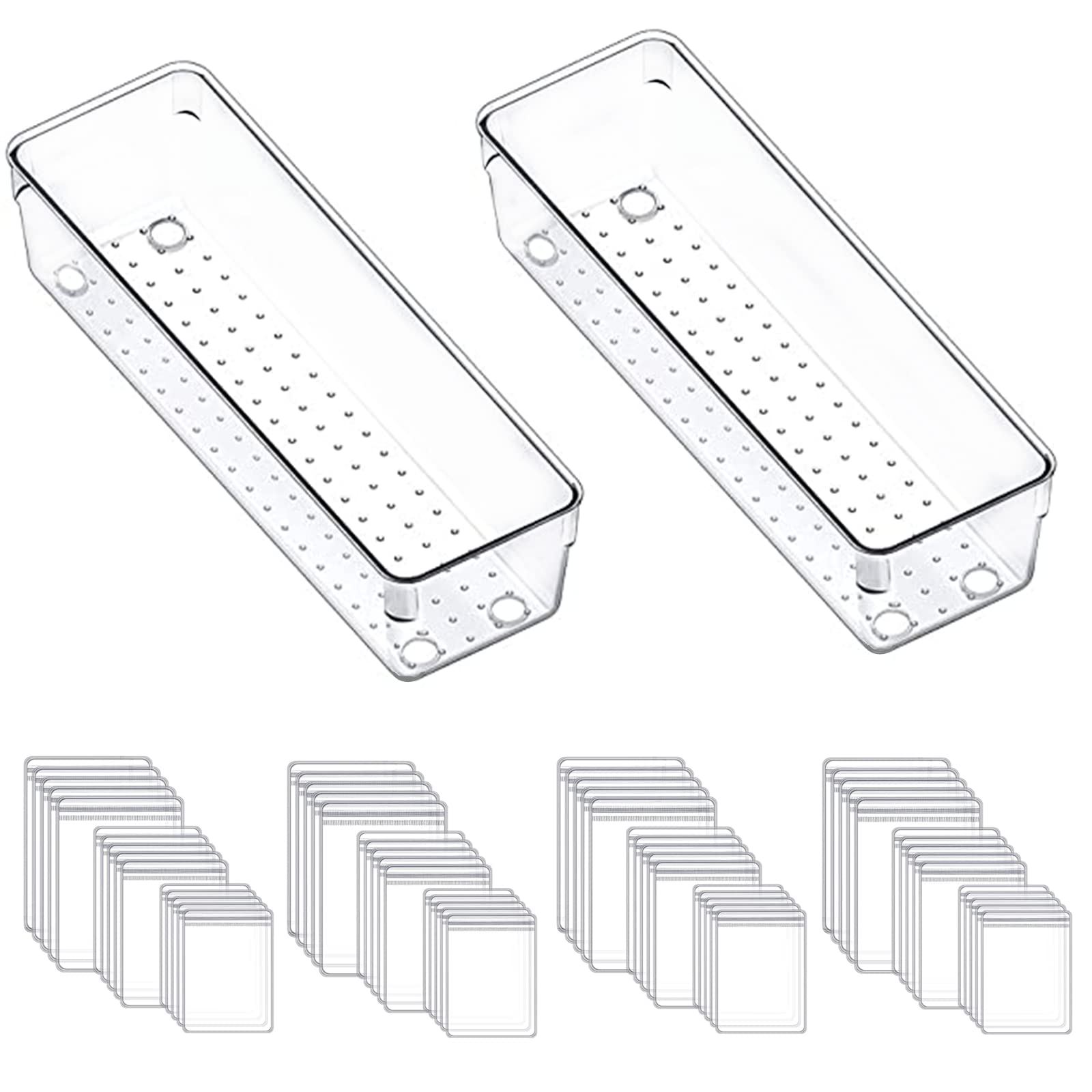 HAN SHENG2 Pcs Clear Jewelry Box Transparent Jewelry Organizer Jewelry Box Case Container Ring Earring Necklace Organizer Drawer Organizers with 60 Pcs Transparent Zipper Bag