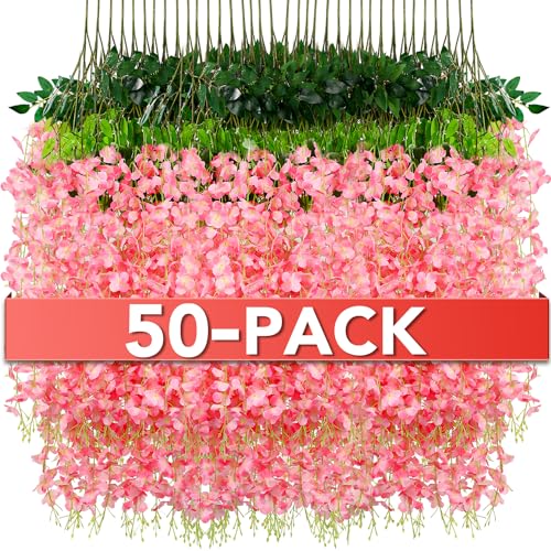 Alotiki Wisteria Hanging Flowers,Fake Hanging Flowers,Wisteria artificiales Garland for Home Wedding Arch Floral Party Garden Ceremony Outdoor Decor,3.6 feet Long(50,Pink)