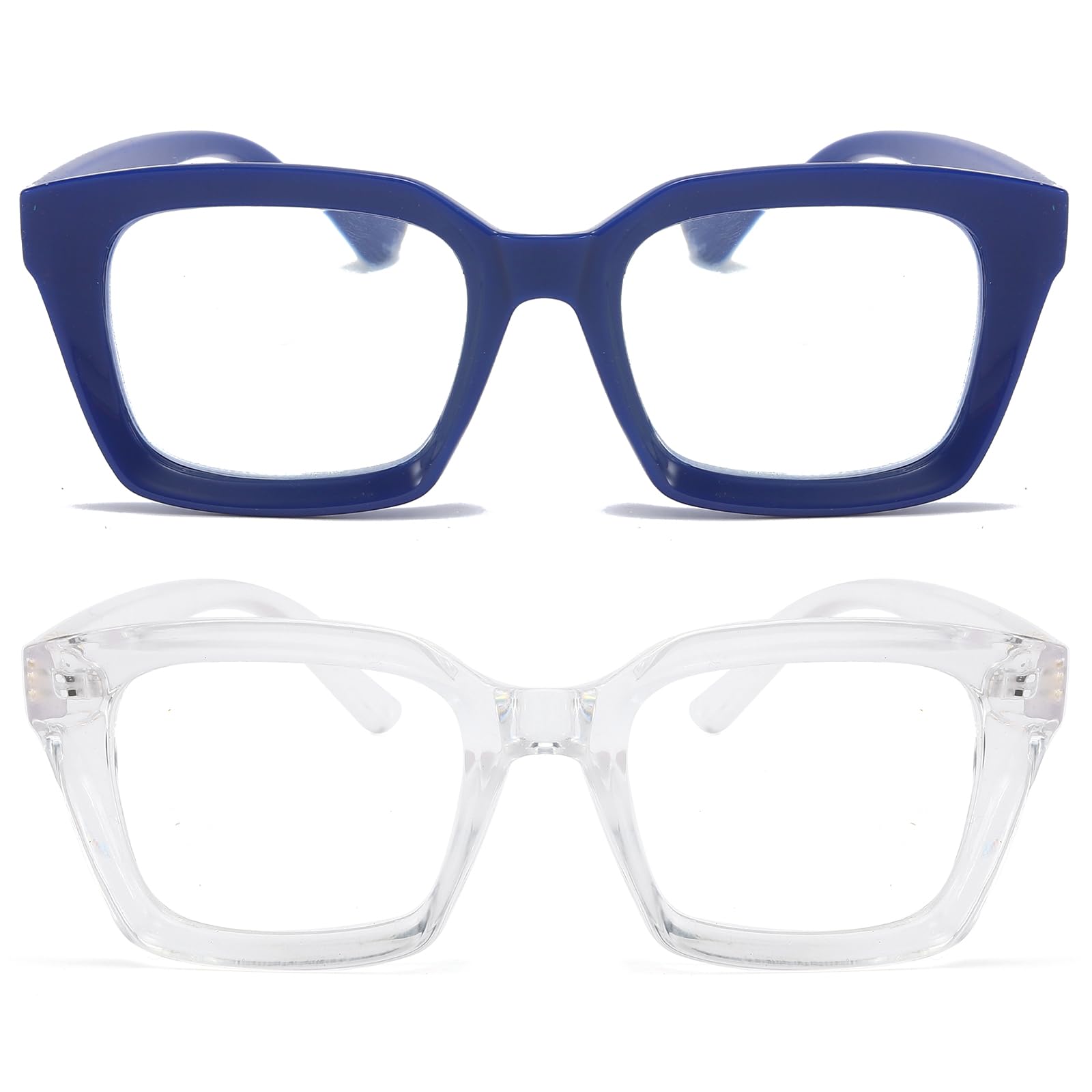 REAVEE 2 Pack Stylish Oprah Oversized Blue Light Blocking Computer Glasses Women Ladies Non-Prescription Fake Eyeglasses Frames (Blue/Clear,0.0)