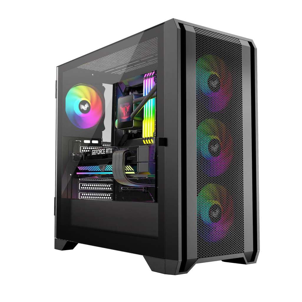 iONZ GE336F V2 XL - Custodia da gioco per PC, vetro temperato, torre centrale, flusso d'aria frontale, EATX | I/O superiore di tipo C include 4 ventole ARGB e PWM - Nero (V2, nuovo, nero)