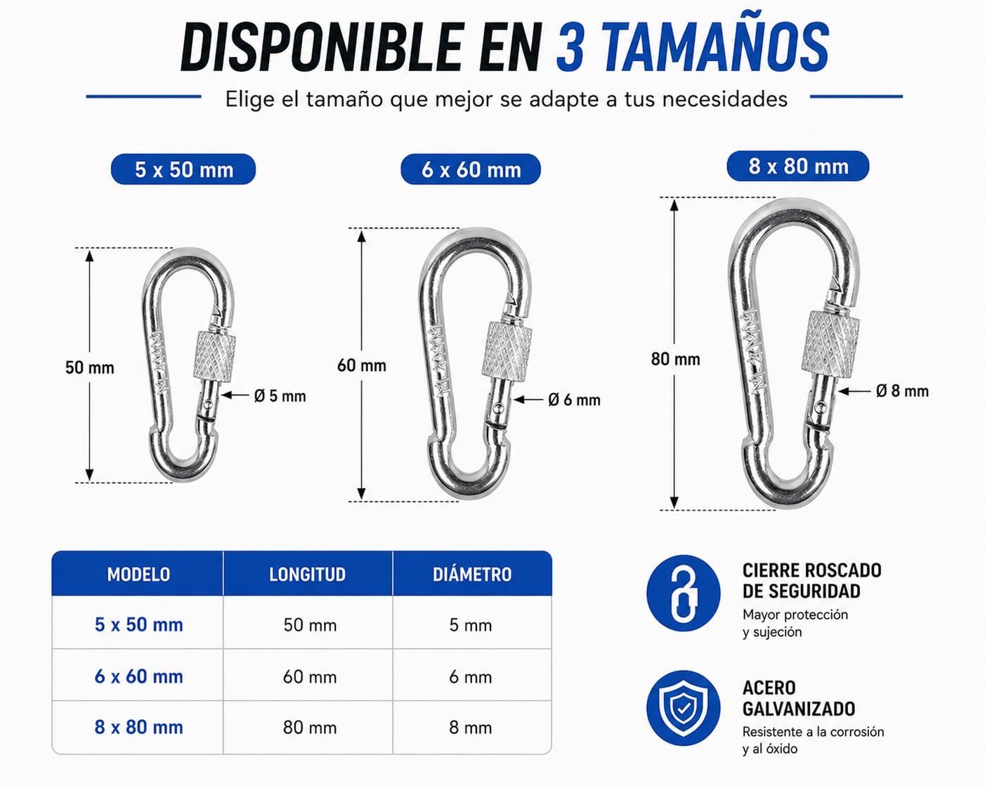Mosquetón con Seguro Rugoso de Acero, Pack 5x50 | 4 uds | Cierre de Rosca Rápido y Seguro, Alta Resistencia y Durabilidad