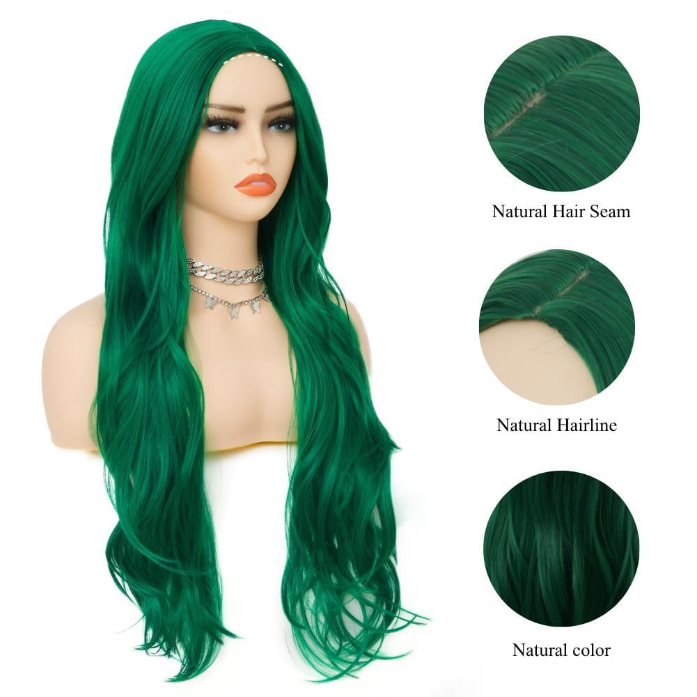 Salaibs Green Long Curly Wigs for Women Middle Part Wavy Cosplay Wig Synthetic Heat Resistant Hair Wig for Halloween Costume Party Use - Image 2