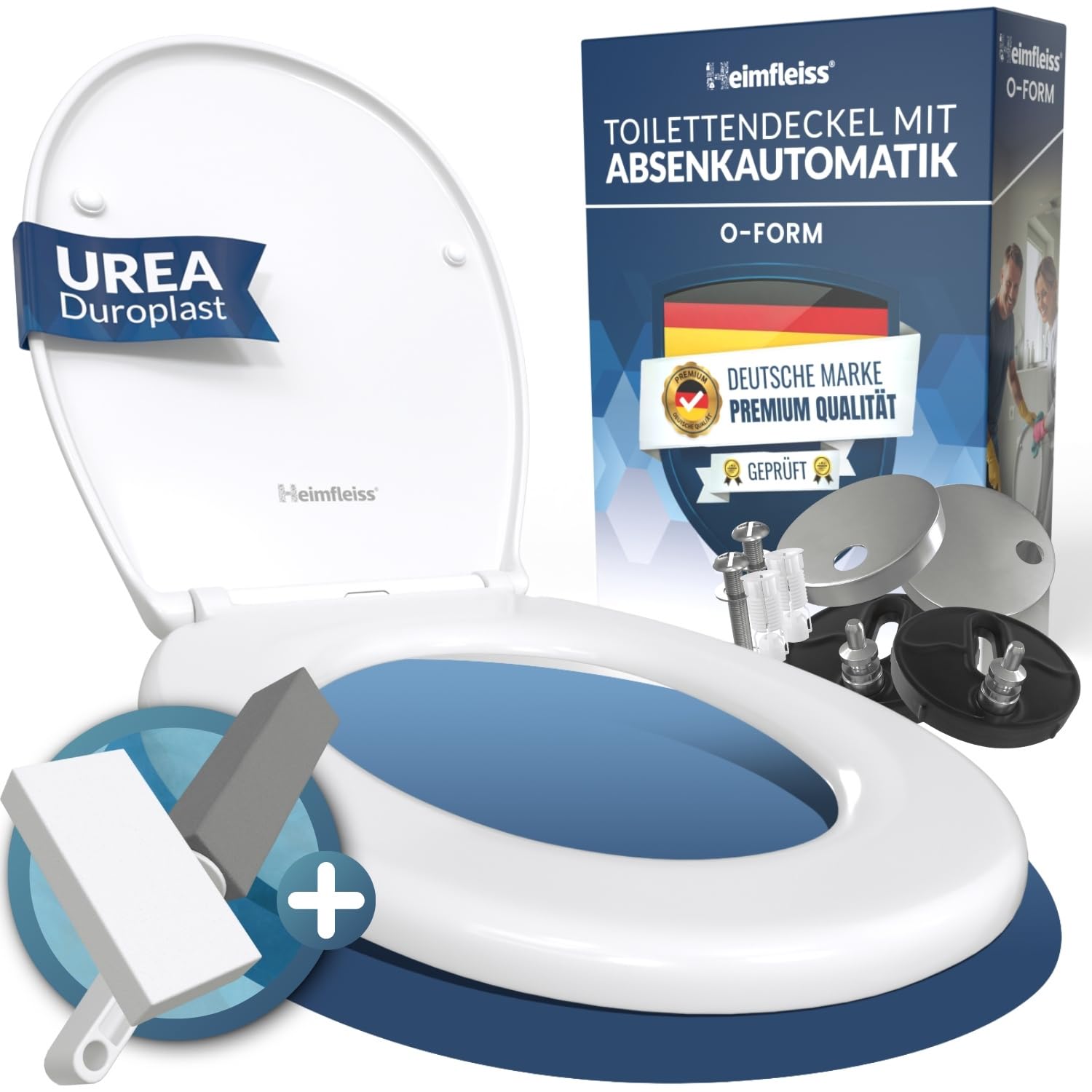 Heimfleiss® Toilettendeckel mit Absenkautomatik Oval + Montageset | Duroplast Klodeckel mit Absenkautomatik O-Form | Premium Klobrille Weiß mit Softclose Funktion | WC Sitz Toilettensitz Klositz