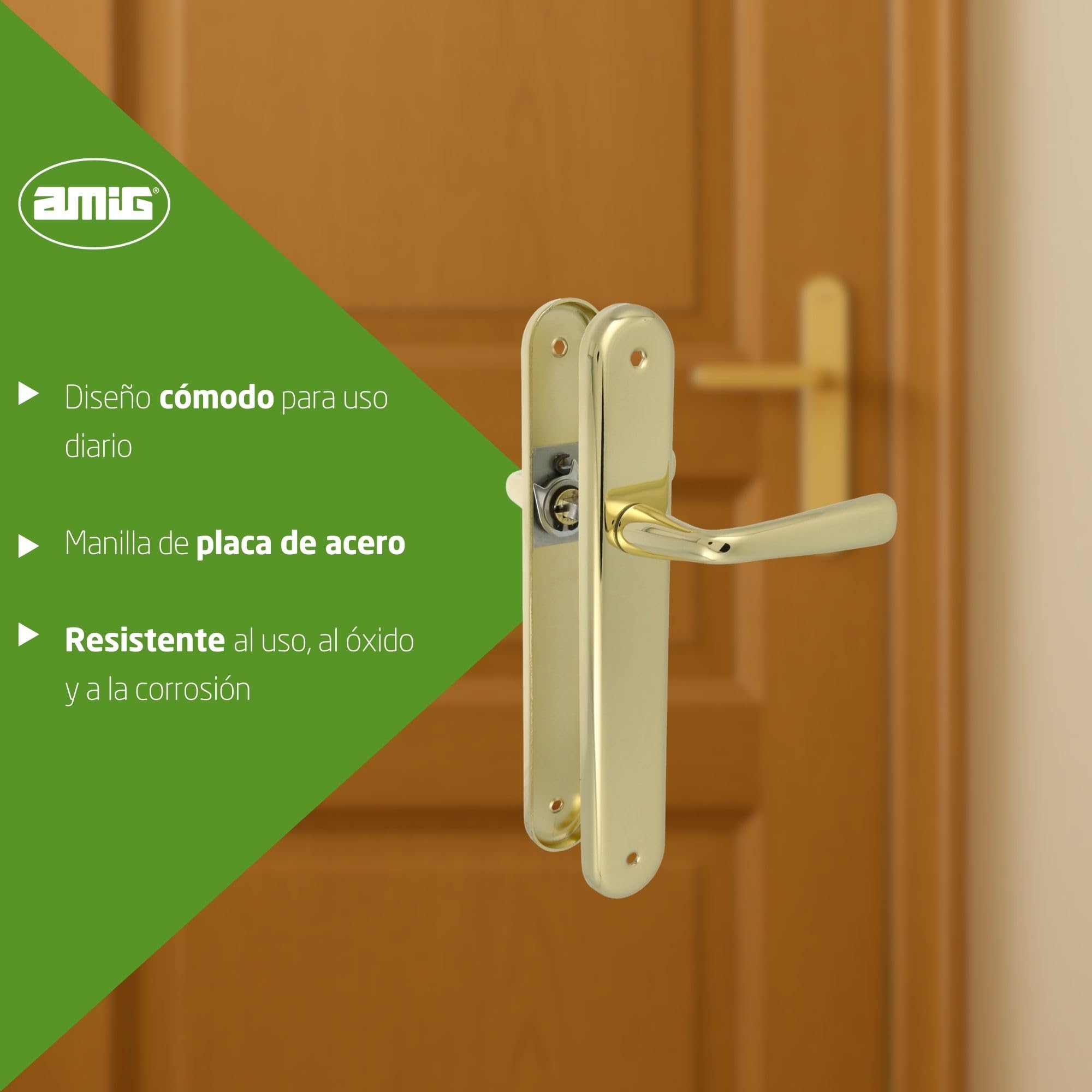 Amig - Juego de Manillas de Placa de Latón - Modelo 252P Medida: 250 x 40 mm - Cuadradillo de 8 mm - Resistente a la Corrosión, Incluye tornillería - Acabado: Latonado barnizado
