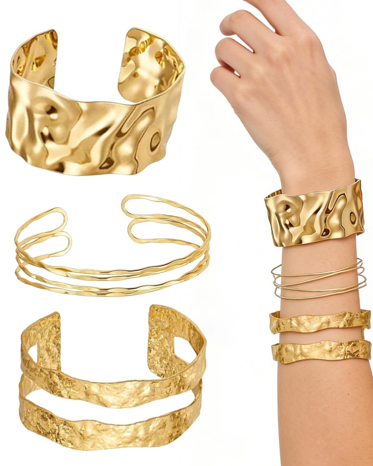HAPZUR HAPZUR Brazalete de Brazo Superior Dorado, 3 Piezas Ajustable Abierto para Mujer y Niñas, Conjunto de Joyería Estilo Egipcio para Fiestas y Disfraces.
