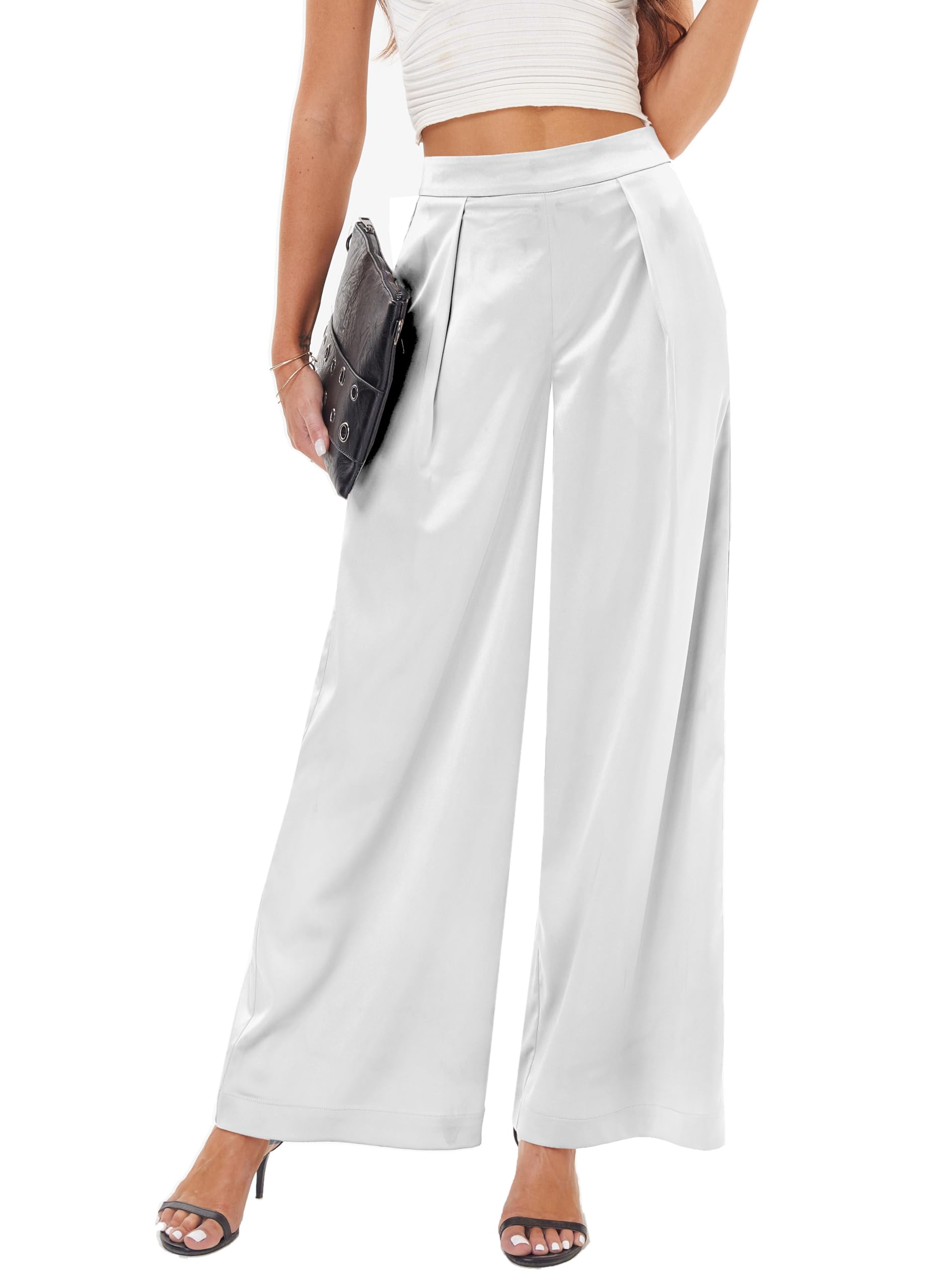 Women's Satin Wide Leg Palazzo Pants Plicated Silky Pull on Party Dress Casual Pant Trouser