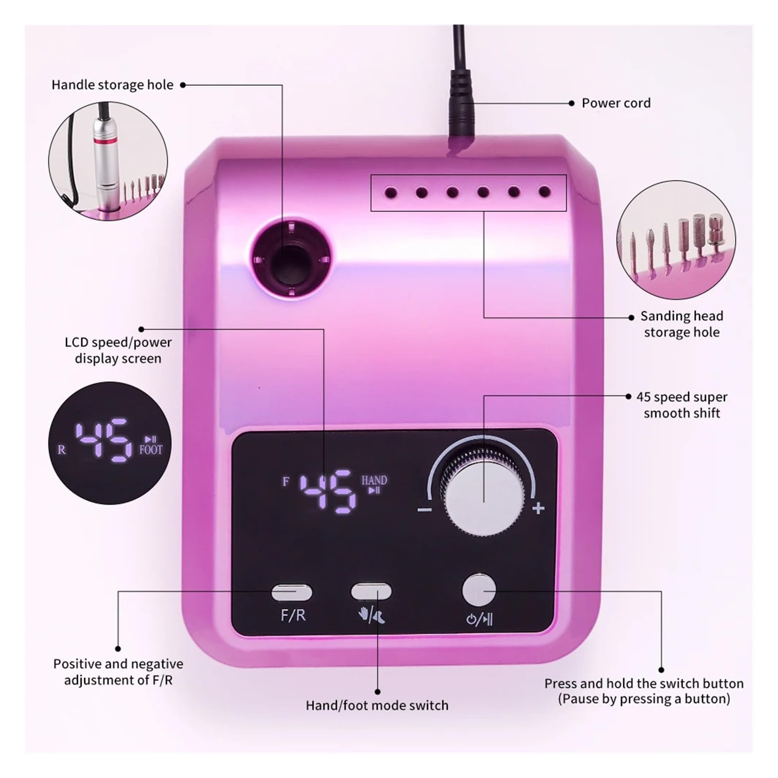Frezarka do paznokci, Frezarka do paznokci 45000 obr./min. Profesjonalna elektryczna szlifierka, pilnik polerowania żelowych do użytku domowego(Pink)