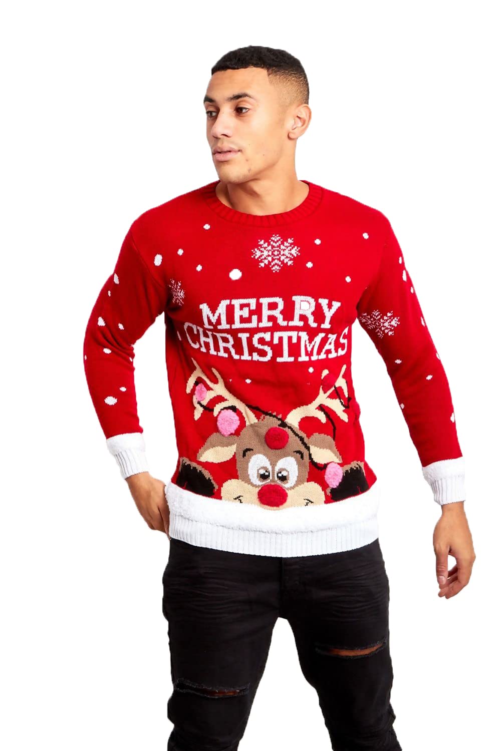 J5fashion Mens Pom Reindeer Merry Christmas Xmas Jumper Red M