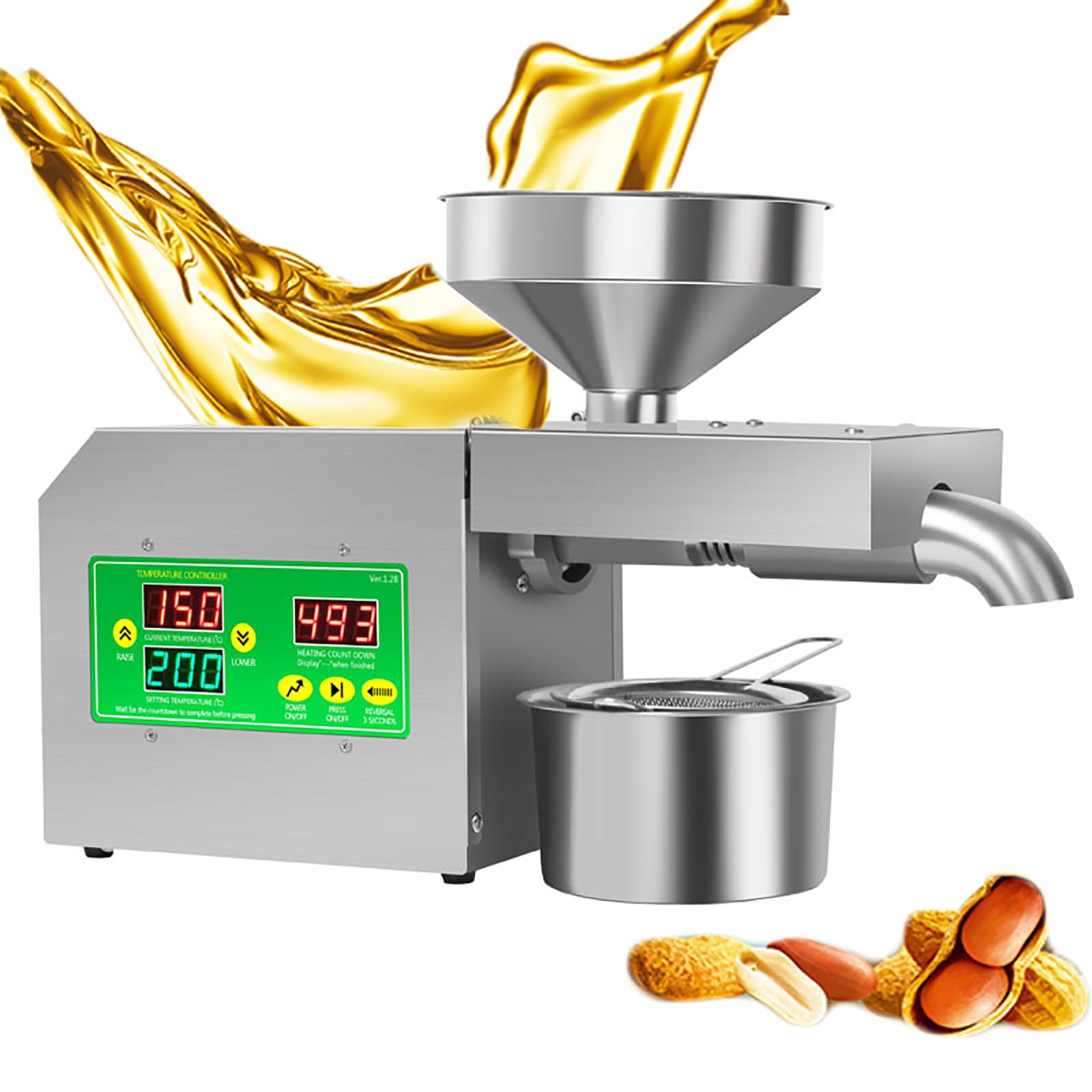 Eoweiot Cold Hot Oil Maker, Electric Oil Press Machine, Temp 40-230 ℃ Adjustable and 304 Stainless Steel Material,for Soybeans, Sesame