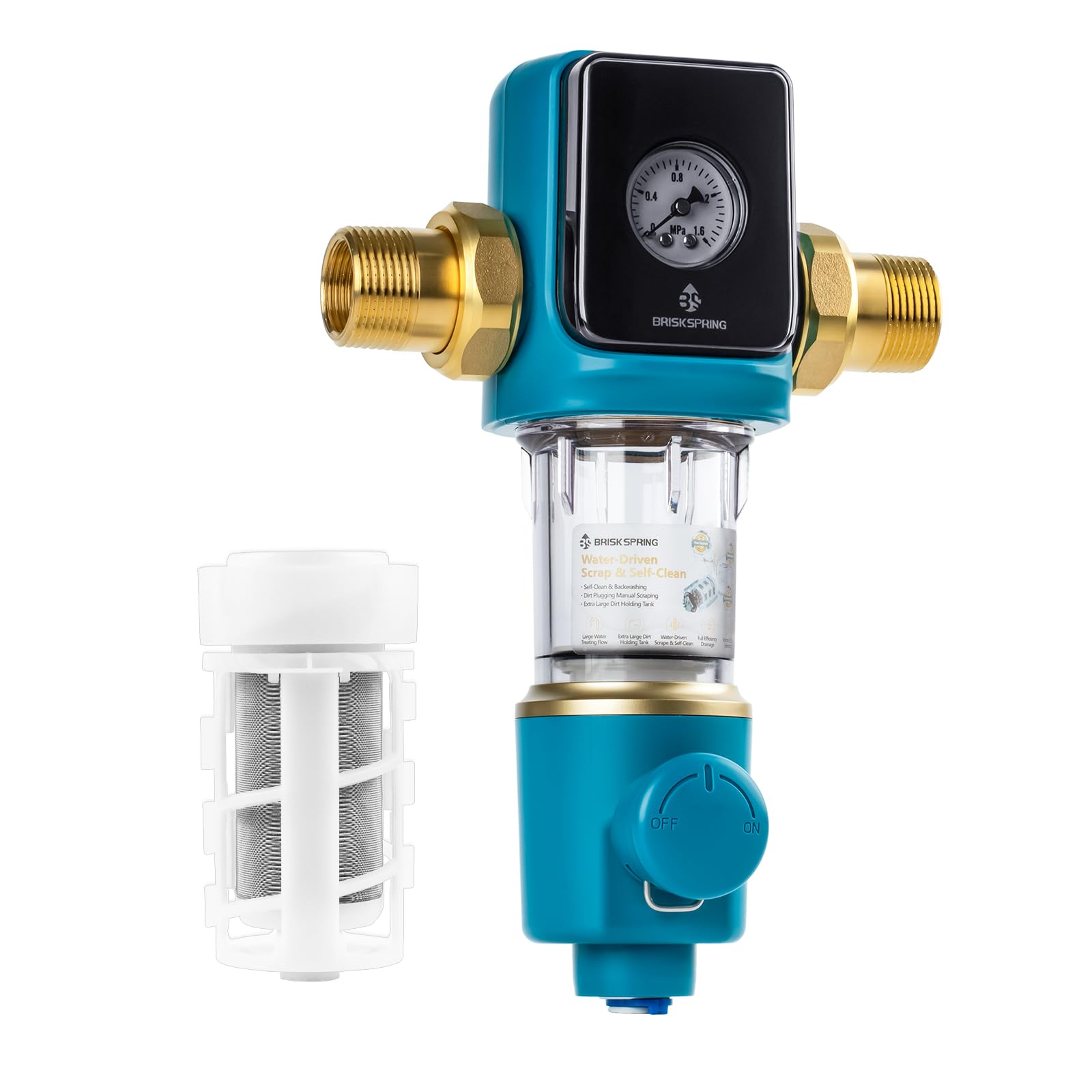Filtro de agua de sedimentos giratorio de 300 micras, proceso de separación de plomo, MNPT de 1 pulgada + FNPT de 3/4 pulgadas, pantalla de filtro de limpieza automática, sistema de filtro