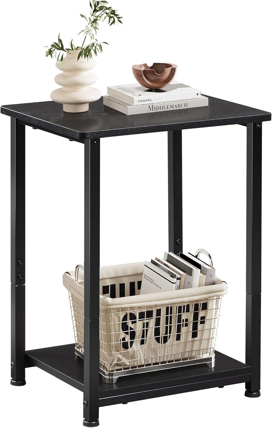 WLIVE Farmhouse End Table, Living Room Table with Charging Station, LED Farmhouse Nightstand with Adjustable Storage Shelf for Living Room, Bedroom, Office, Rustic Side Tables, Black
