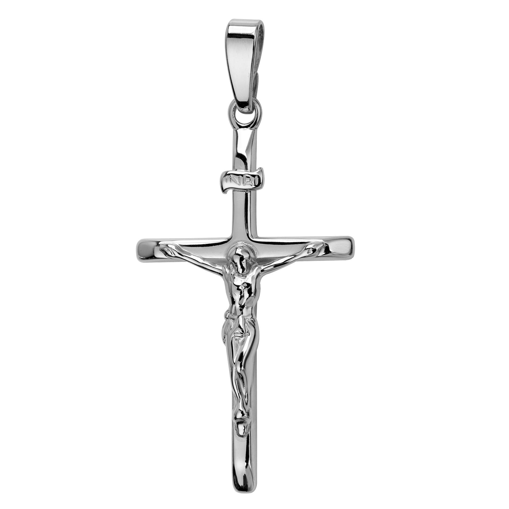 Kreuz-Anhänger 585 Weißgold Jesus Christus mit INRI-Gravur für Damen, Herren und Kinder als Kettenanhänger mit Schmuck-Etui