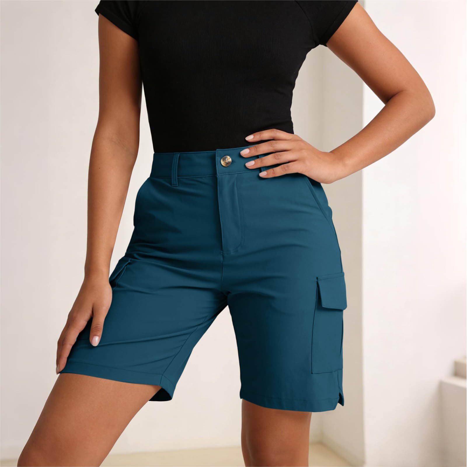Generisch Cargo Shorts Damen Outdoor Wanderhose Kurz Stretch Funktionelle Bermudas mit Taschen Trekkinghose Sommerhose Locker Sitzende Kurze Hose mit Knopf Reißverschluss für Wandern Freizeit Camping