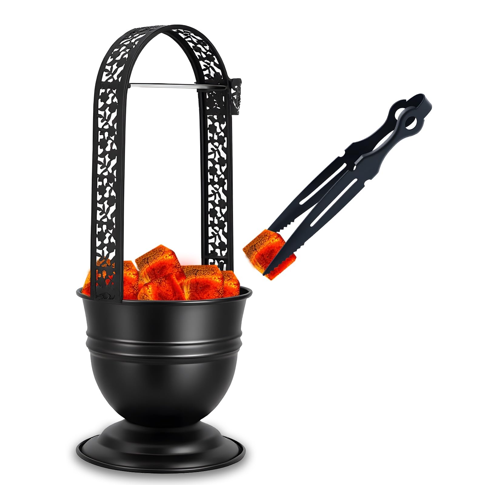 Hookah Charcoal Coal Holder Premium Quality Basket with Coal Tongs Metal Tweezers-Portable Carbon Container w Side Tong Holder